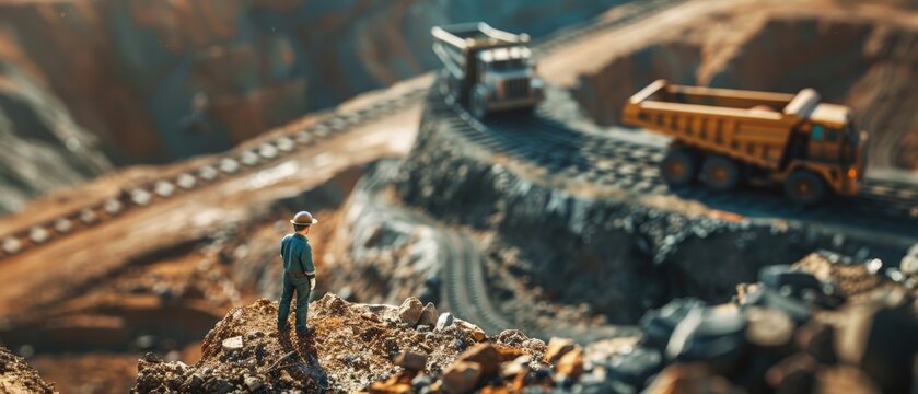A mining engineer stands near a dump truck at a surface mine.