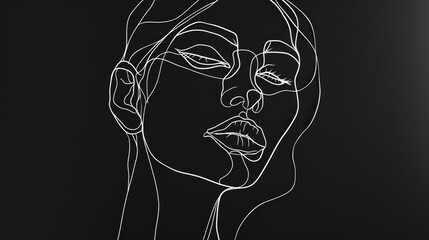 Poster - Abstract aesthetic linear drawing of woman face on dark background with free place for text