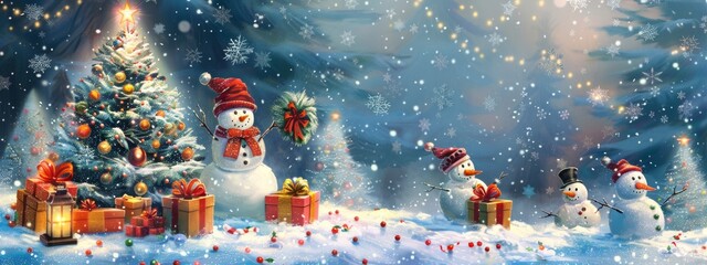 Wall Mural - A whimsical, Christmas background with snowmen, gifts, and holiday decorations.