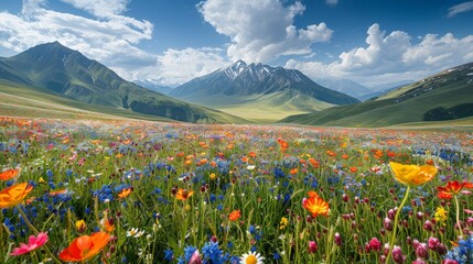 Wall Mural - Qilian Mountains in Qinghai, stunning mountain scenery, colorful flower meadows, alpine environment 