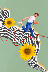 Sticker - Composite 3D photo collage of green color back black white line huge sunflower nature flower young person handsome man run suffer afraid