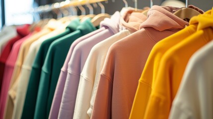 Wall Mural - A collection of colorful hoodies hanging on a rack in a retail shop, showcasing a variety of sizes and colors suitable for different tastes