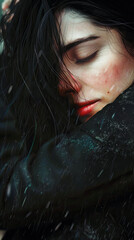 Wall Mural - A young woman presses against a man’s shoulder, hugs him while standing in the rain, close-up. Image for cover of a book about love, romantic novel. Motion blur