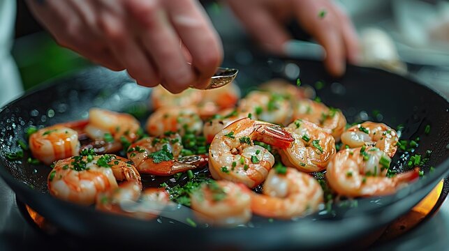 The professional chef prepares shrimp cuisine menus, seafood cooking, healthy vegetarian meals and meals with a kitchen background.