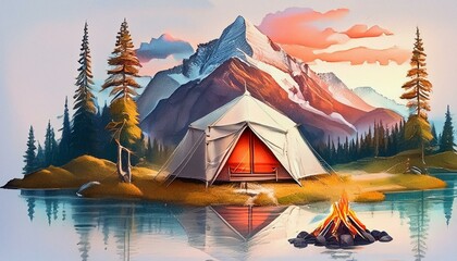 Wall Mural - Camping design for T-shirts in red and white back ground