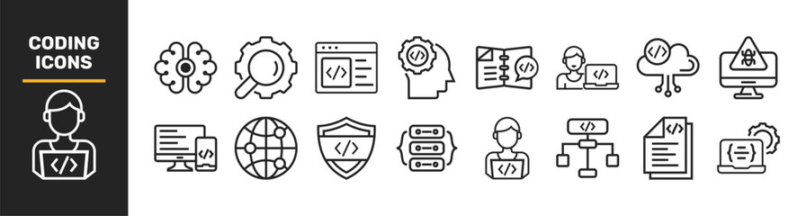 Set of 16 Coding and Programming line icons set. Coding outline icons with editable stroke collection. Includes Cloud Computing, Programmer, Website, Data, Bugs, and More.