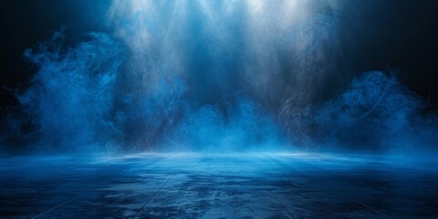 Wall Mural - empty room with Dark blue background with smoke, empty stage for product presentation. Background of the floor studio room. empty dark stage dark blue abstract cement wall studio room with fog,
