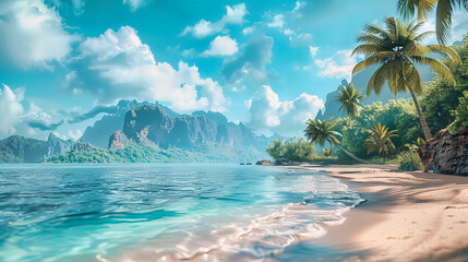 Wall Mural - Tropical Island Paradise, Scenic Beach View with Palm Trees and Clear Blue Waters, Ultimate Relaxation