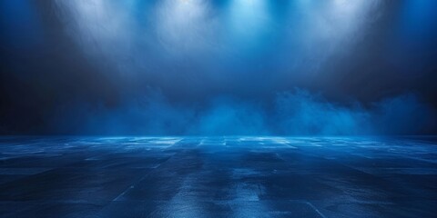 Wall Mural - empty room with Dark blue background with smoke, empty stage for product presentation. Background of the floor studio room. empty dark stage dark blue abstract cement wall studio room with fog,