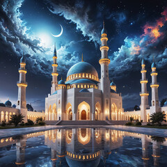 Wall Mural - white mosque, blue mosque, beautiful mosque, generative Ai, night sky, blue night sky