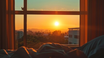 Wall Mural - Sunrise through bedroom window, a peaceful and cozy morning