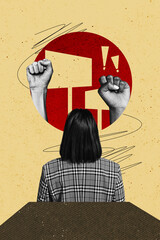 Sticker - Vertical collage picture woman back employee worker human fists strike pretense show demonstration movement drawing background