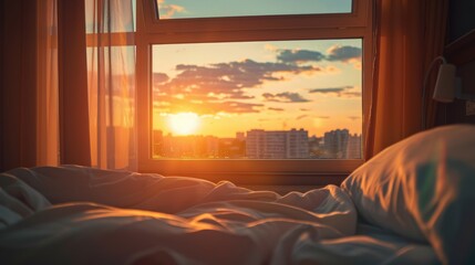 Wall Mural - Sunrise through bedroom window, a peaceful and cozy morning