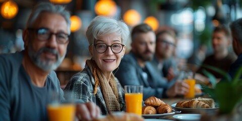 Sticker - Elderly friends enjoy a cheerful lunch at a restaurant, sharing stories and laughter over pastries and juice.