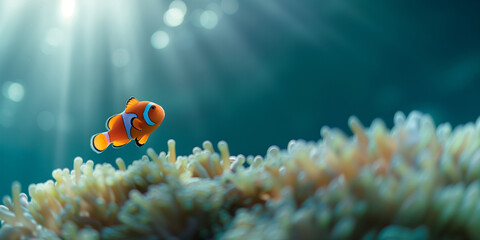 Wall Mural - the clownfish swimming underwater, clear ocean water seabed, copy space for text