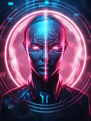 Futuristic cybernetic figure with neon lights, glowing circuits, and a digital aesthetic, embodying advanced AI technology in a sci-fi setting.