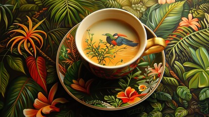 Tropical toucan bird in a coffee cup for a summer design