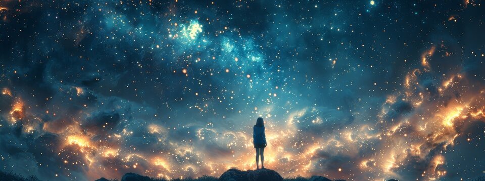 An inspiring scene with a person looking up at a starry sky, symbolizing big dreams and aspirations.