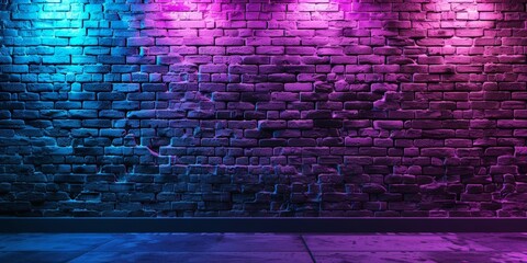 A brick wall with purple and blue neon lights shining on it,  for product display.  empty dark scene laser beams neon spotlights reflection on the floor in studio room 