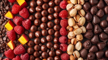 Poster - A variety of chocolate-covered fruits and nuts arranged in a colorful and appealing manner, perfect for healthy indulgence themes