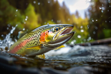 Wall Mural - Rainbow trout jumping out of the water