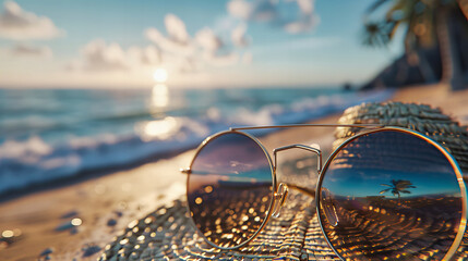 Wall Mural - Vintage Styled Sunglasses on Sandy Beach, Summer Fashion and Leisure Concept