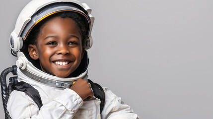 a cute happy smiling young african american black boy dresses like a astronaut on a plain white back