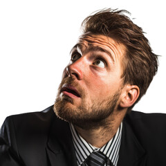 Wall Mural - A man with a beard and a tie is looking up at something , isolated on transparent background