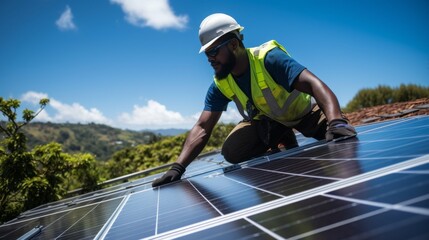 A solar panel technician installing solar panels on a house roof on a sunny day, The roof is covered with an array of sleek, modern solar panels, gleaming under the intense sunlight. 