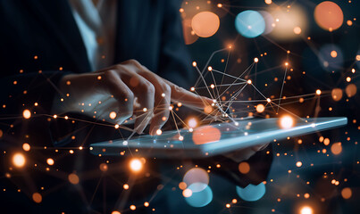 Leinwandbilder - A business professional using a digital tablet with a virtual overlay of interconnected nodes, representing CRM technology and global networks