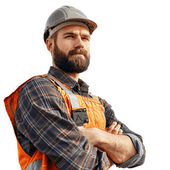 A man with a beard and a hard hat stands with his arms crossed , isolated on transparent background