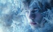 © TheoTheWizard - Closeup portrait of a young man draped in frost-tinged robes and crystalline locks, ice and frost spirits magic background