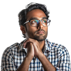 Wall Mural - A man with glasses is looking down at his hands , isolated on transparent background