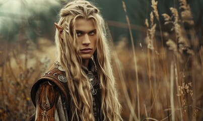 Ethereal portrait of a young man with long blonde hair adorned in ethnic elven clothes in the field
