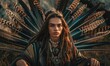 © TheoTheWizard - Ethereal portrait of a young man with flowing long hair and clothes decorated with feathers, young shaman portrait
