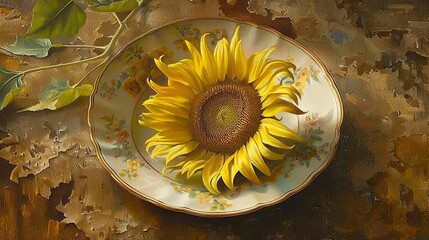 Wall Mural - Vintage sunflower on a plate for home decor or floral designs