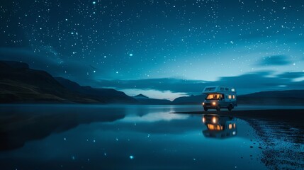 Wall Mural - A small white RV is parked on the beach at night