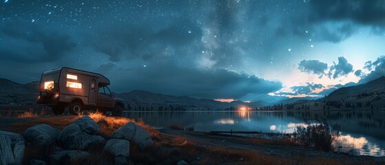Wall Mural - A black camper van is parked by a lake at night
