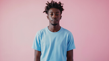 Wall Mural - A young man wearing the T-shirt, styled in soft blue hues with pink background behind