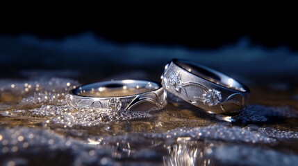 A pair of platinum wedding rings with diamonds, resting on the sand by an ocean at night