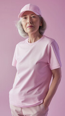 Wall Mural - A charming elderly woman with white hair, wearing  a pink cap stands confidently in front of the camera, her hand on one hip as she looks directly at us, dressed for an advertising campaign