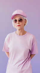 Wall Mural - A cute old lady wearing a pink plain t-shirt and cap poses for the camera on a solid pastel light purple color background