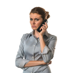 A woman is on the phone, looking angry and upset, isolated on transparent background