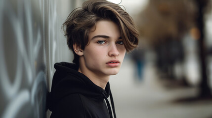 Wall Mural - Young teenage boy, wearing black hoodie and posing for the camera, brown hair with middle part hairstyle