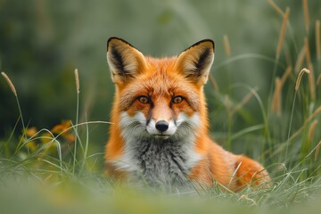 Portrait of wonderful wild red fox in the long green grass