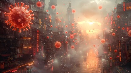 Aufkleber - Apocalyptic Cityscape in Fiery Dystopian Haze with Glowing Neon Lights and Ominous Atmosphere