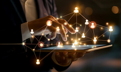 Leinwandbilder - A businessman using a digital tablet to manage a virtual network of customer icons, illustrating CRM and global communication