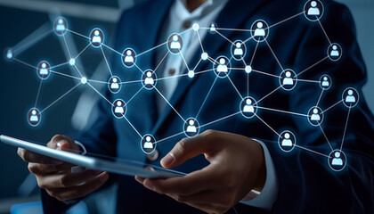 Leinwandbilder - A businessman using a digital tablet to engage with a virtual network of customer and HR icons, demonstrating advanced technology for CRM and recruitment