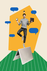 Aufkleber - Collage 3d image of pinup pop retro sketch of focused man career balance working process office laptop unusual fantasy billboard comics