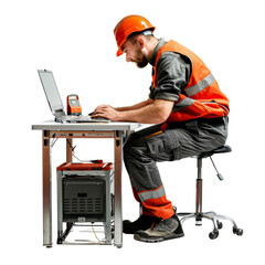 A man in a safety vest sits at a desk with a laptop, isolated on transparent background